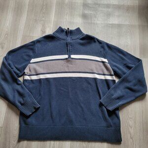 Eddie Bauer Mens XL Quarter-Zip Sweater Blue & Gray Stripes 100% Cotton